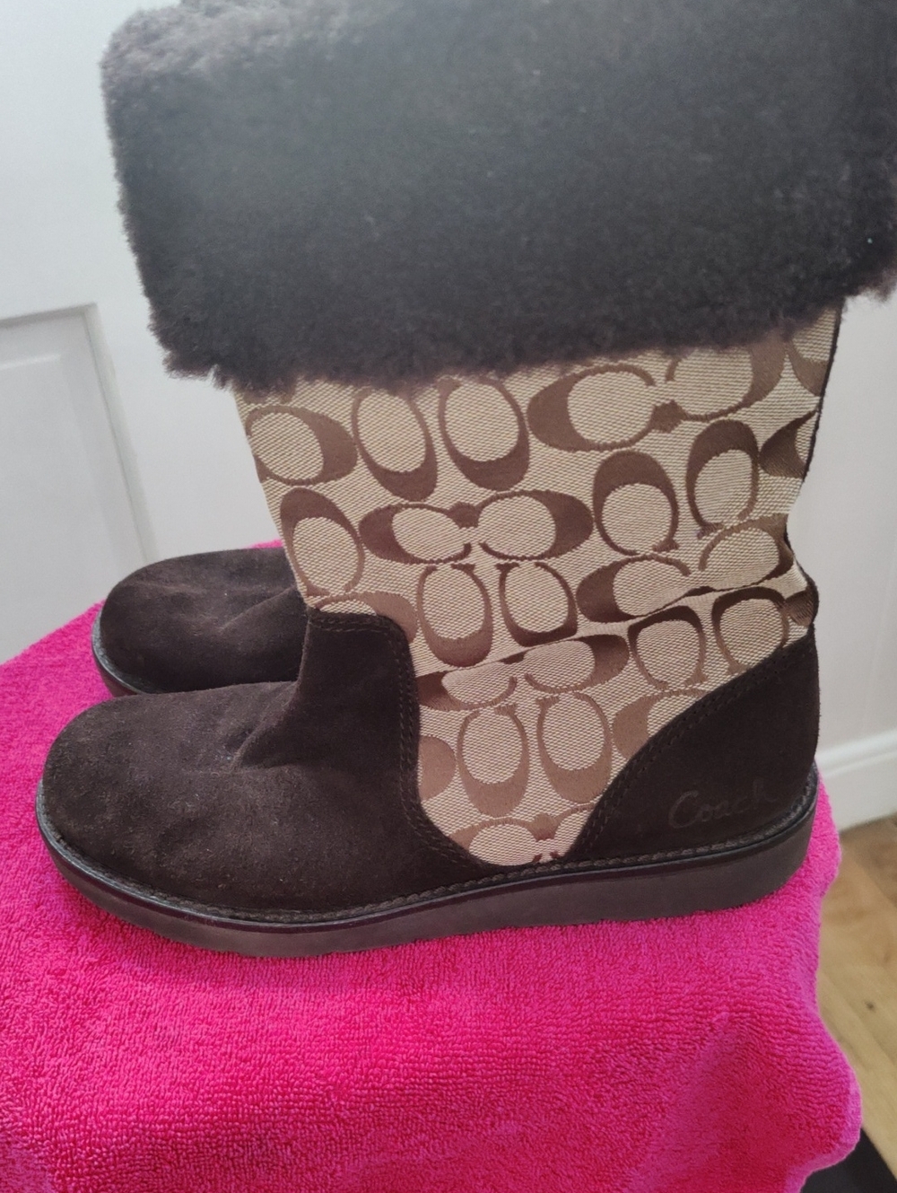 Coach Brown Signature Canvas & Suede Shearling Boots